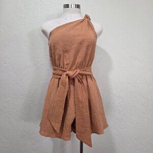 Indikah One-Shoulder Textured Romper With Waist Tie